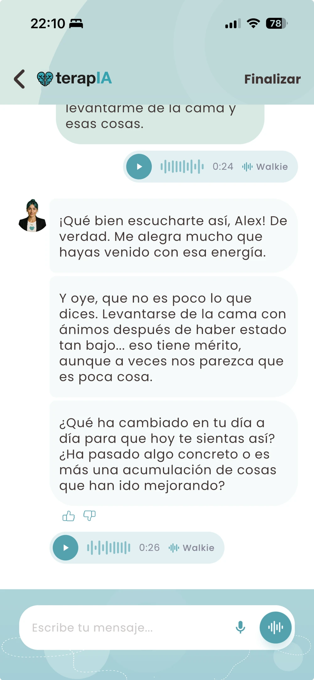 Conversación con Pía en la app TerapIA