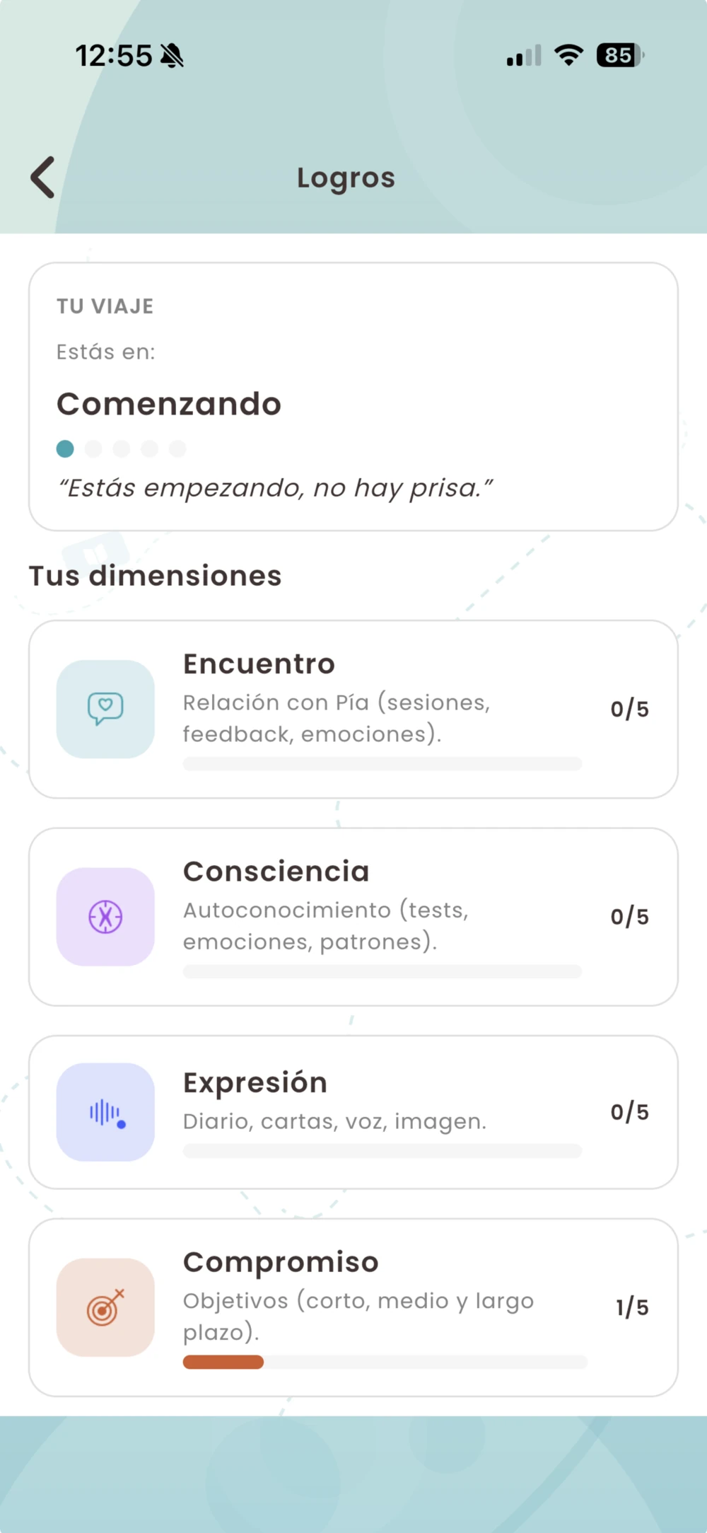 Pantalla de logros de la app, con las cuatro dimensiones del camino del usuario
