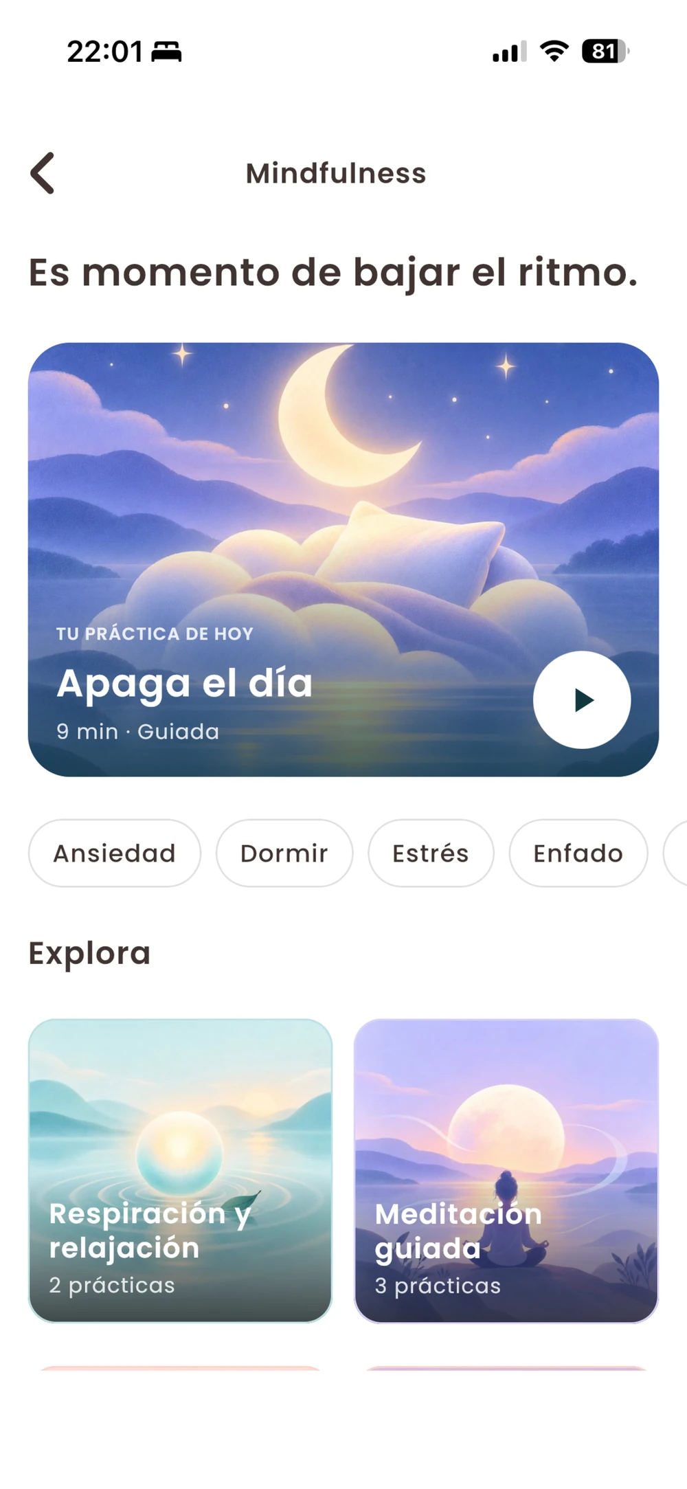 Sección de mindfulness de la app, con la práctica del día y las categorías