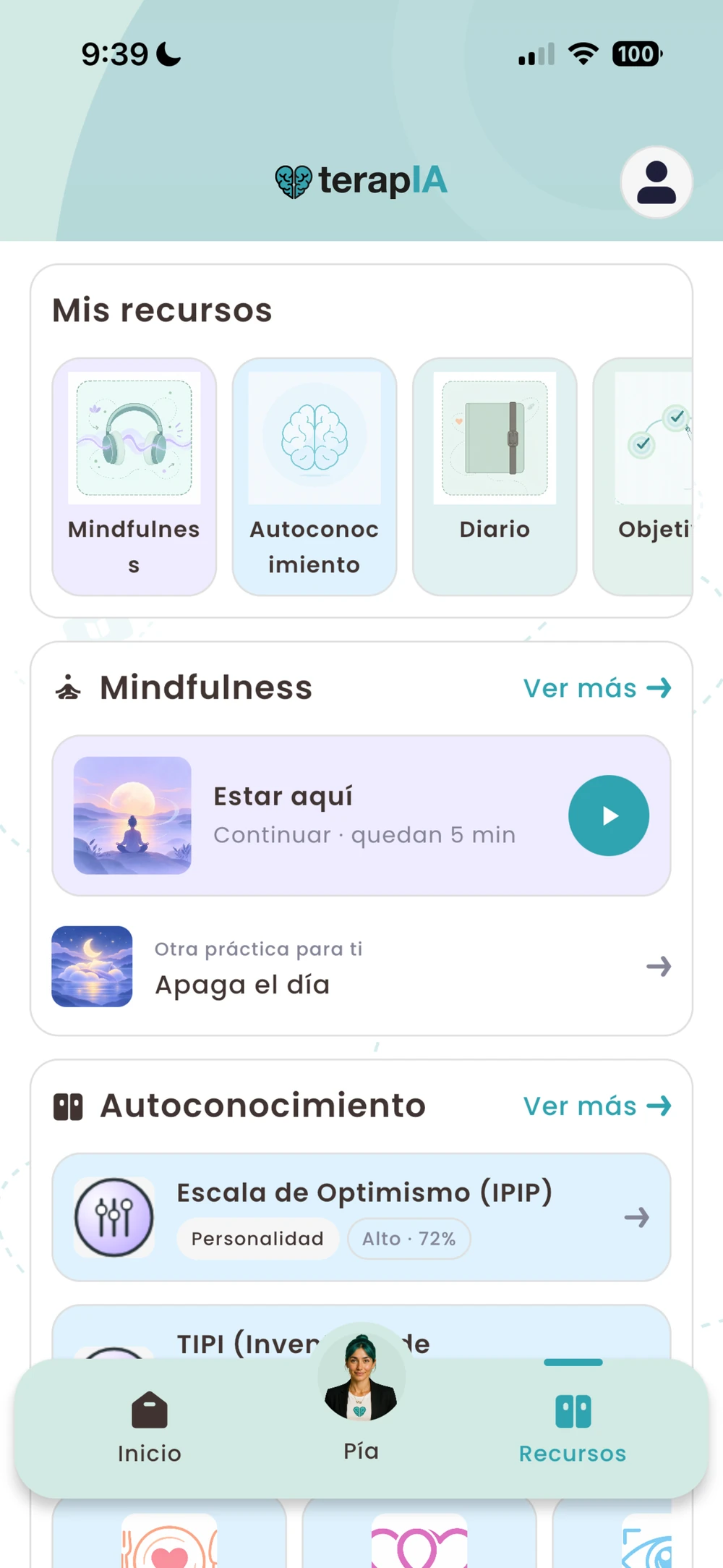 Mis recursos en la app: mindfulness, autoconocimiento, diario y objetivos