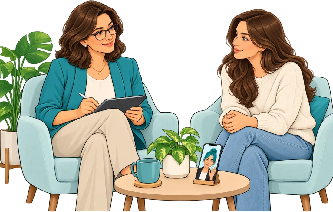 Ilustración de una psicóloga conversando con una paciente en su consulta, con Pía en un móvil sobre la mesa
