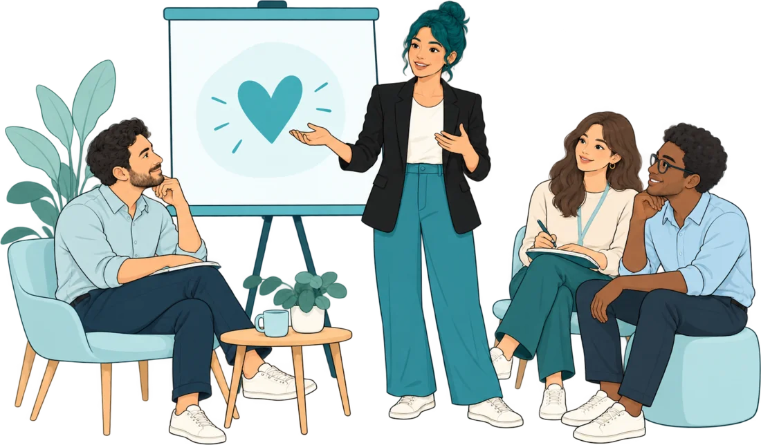 Ilustración de un taller de bienestar emocional con un equipo de trabajo