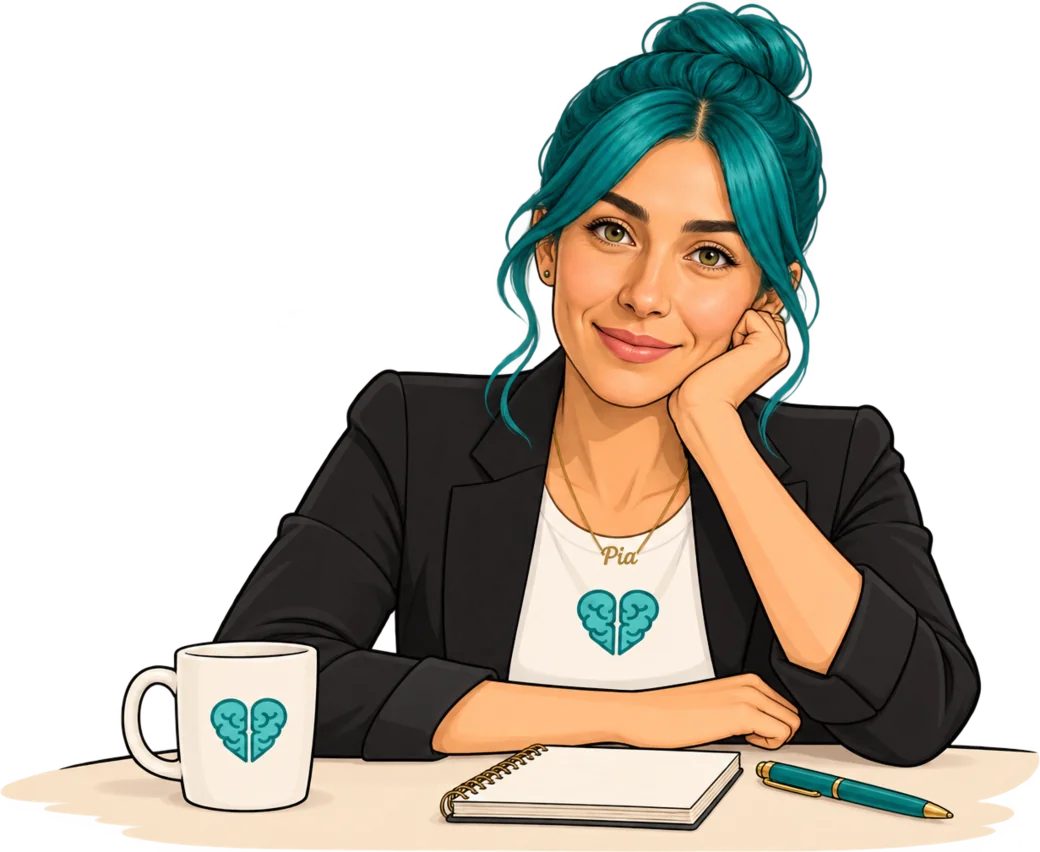Ilustración de Pía sonriendo, sentada a una mesa con una taza de TerapIA