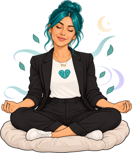 Ilustración de Pía meditando sobre un cojín con los ojos cerrados
