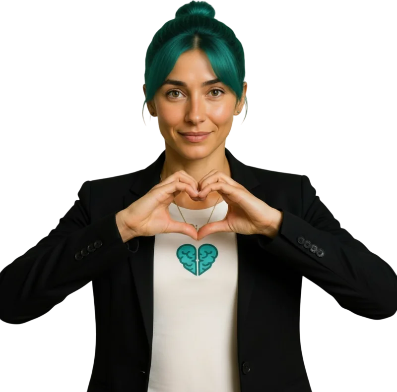 Pía, la asistente de TerapIA, haciendo un corazón con las manos