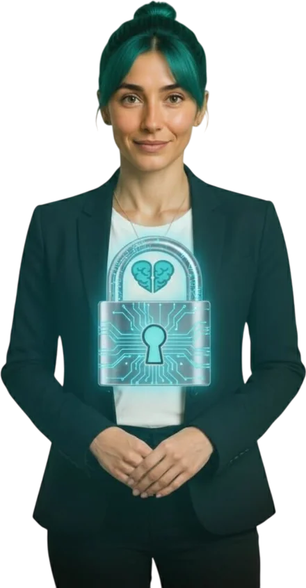 Pía sosteniendo un candado, símbolo de la privacidad de los datos